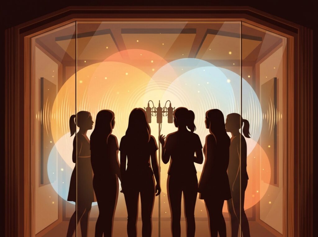 複数の後ろ姿のシルエットが声を重ねて歌っている様子