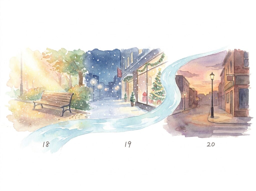 18歳から20歳までの3年間の流れを、川でつなぐ3つの情景で表したイラスト