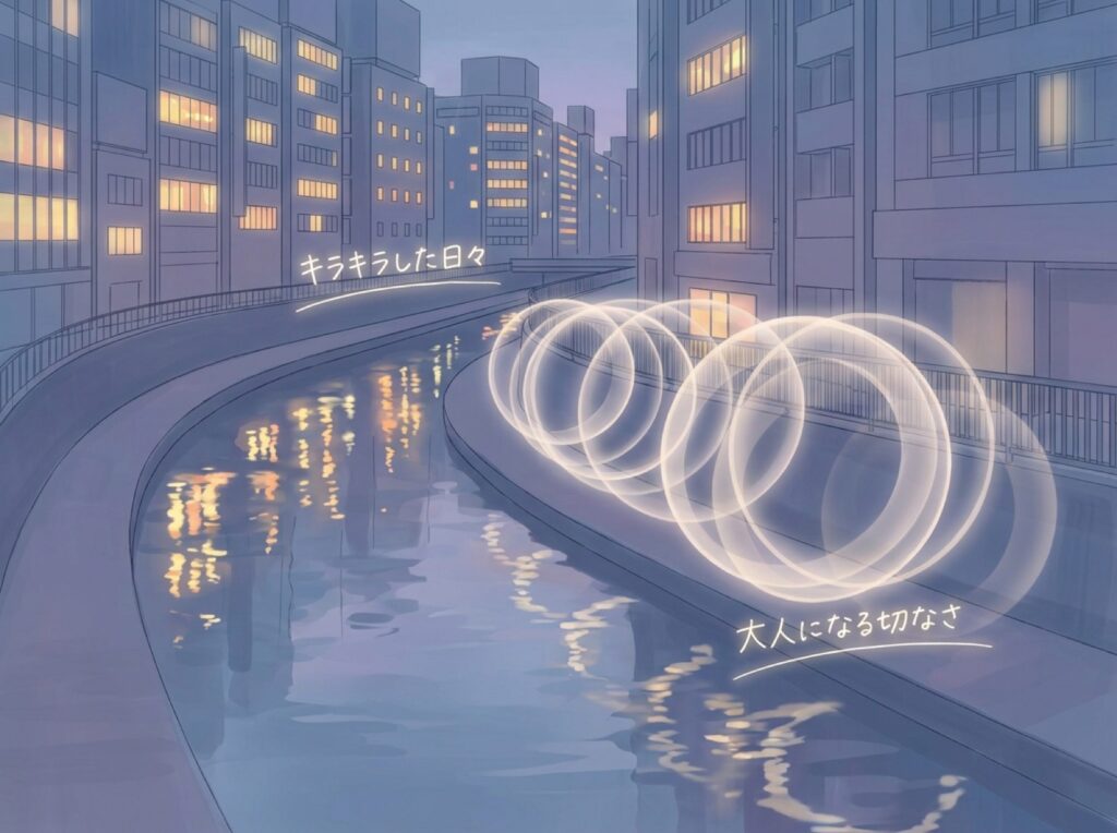渋谷の街明かりが川面に揺れる、透明感と切なさを表した風景イラスト