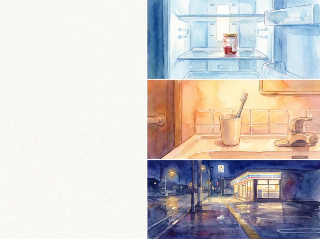 冷蔵庫のジャム、歯ブラシ、深夜の歩道など、日常に残る「君」の気配を描いた水彩風の挿絵