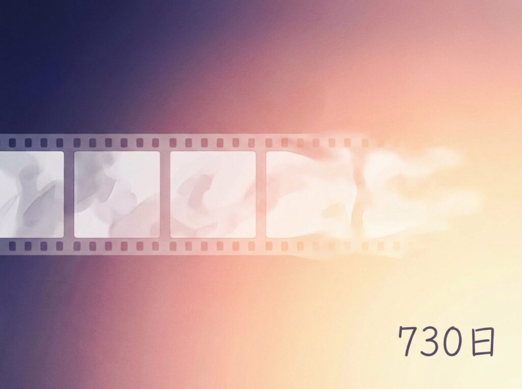フィルムのコマが朝日に溶けて色褪せていく、730日の魔法が消えていく様子の挿絵