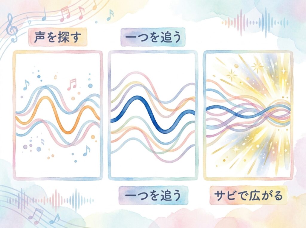 コーラスを意識して聴く3つのコツを、波線のイラストで並べて見せた図