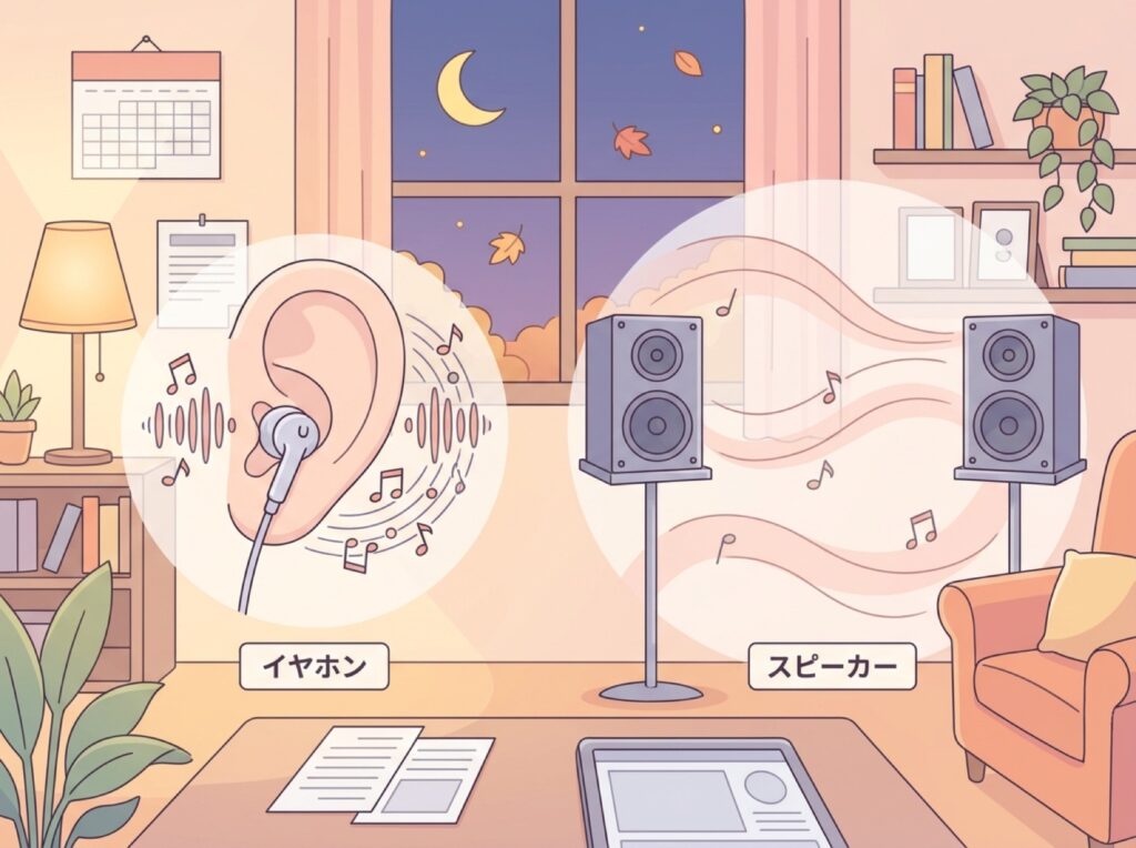 イヤホンでは声が近く、スピーカーでは部屋に広がるという聴こえ方の違いを示した図